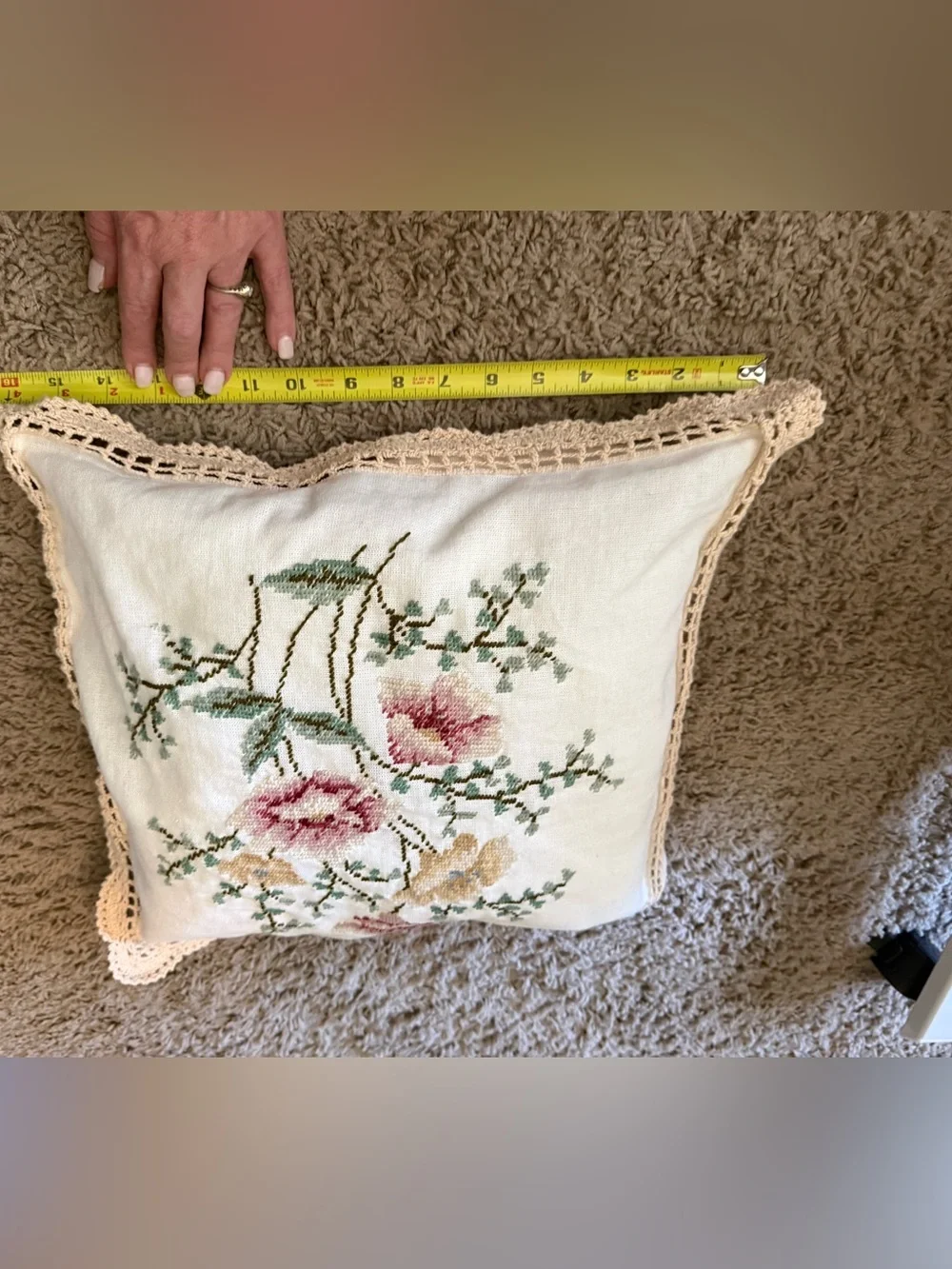 Vintage Floral Cross Stitch Pillow Cover Crochet Lace Trim 16x16